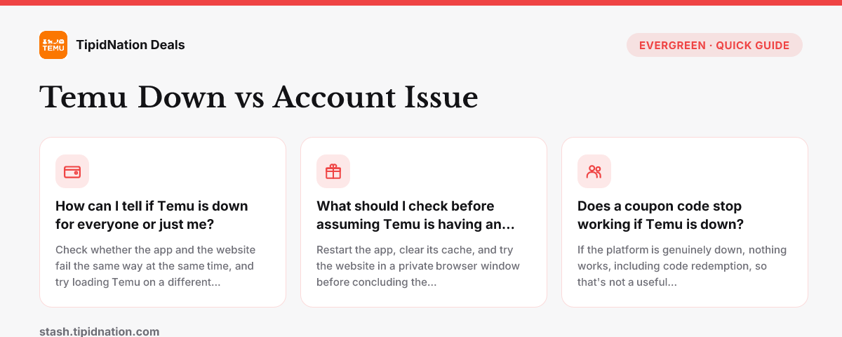 Temu Down vs Account Issue — quick-answer infographic