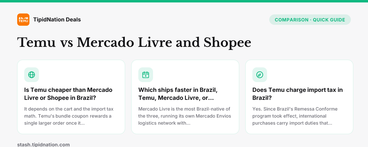 Temu vs Mercado Livre and Shopee — quick-answer infographic