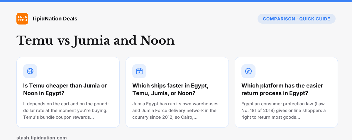 Temu vs Jumia and Noon — quick-answer infographic