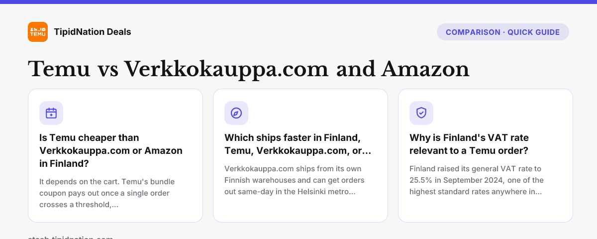 Temu vs Verkkokauppa.com and Amazon — quick-answer infographic