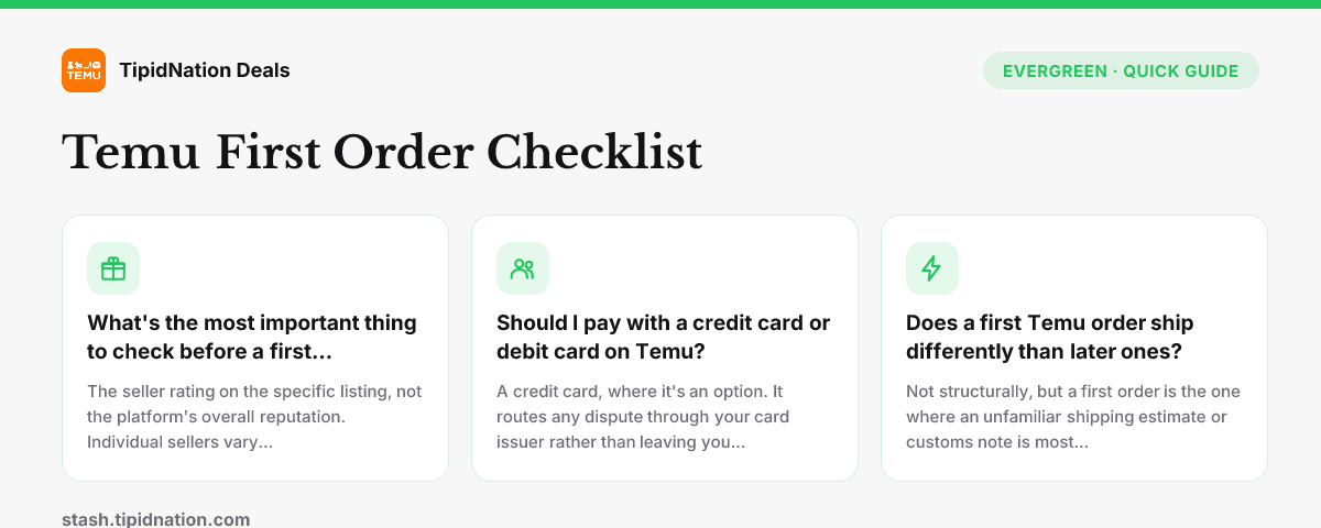 Temu First Order Checklist: What to Check Before You Pay — quick-answer infographic