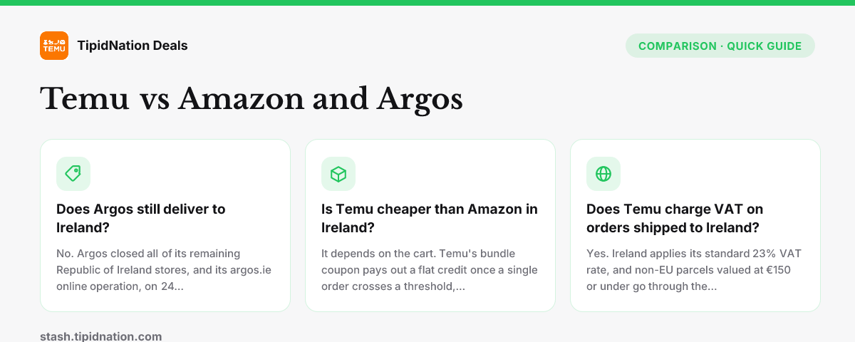 Temu vs Amazon and Argos — quick-answer infographic