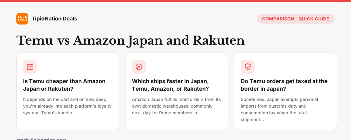Temu vs Amazon Japan and Rakuten — quick-answer infographic