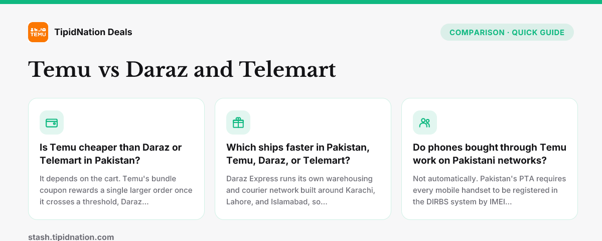 Temu vs Daraz and Telemart — quick-answer infographic