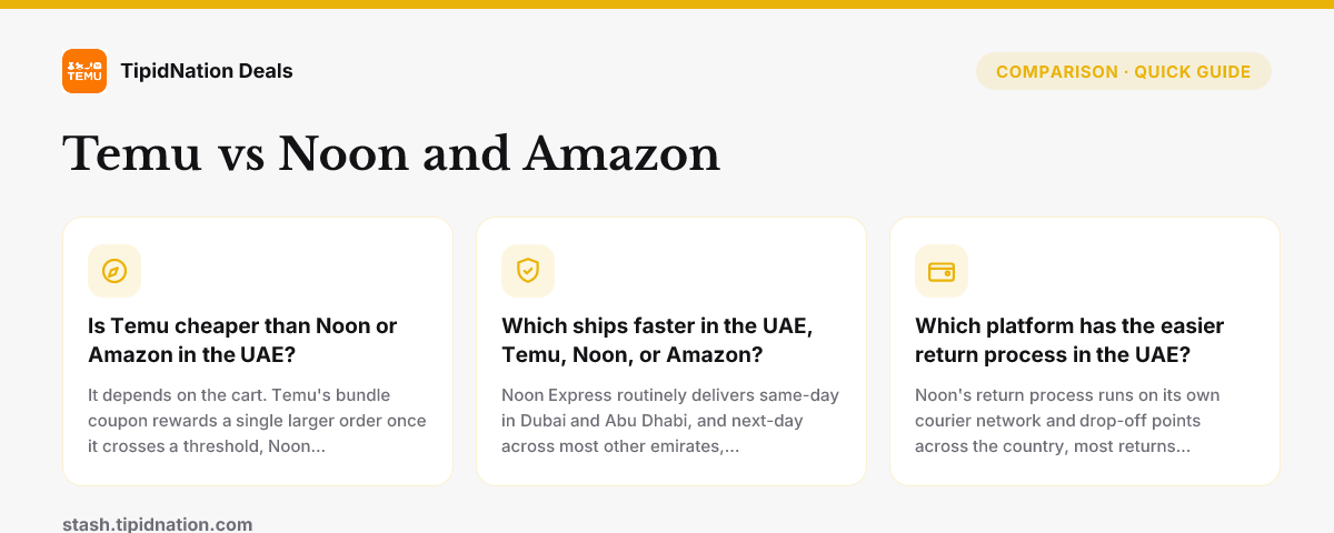 Temu vs Noon and Amazon — quick-answer infographic