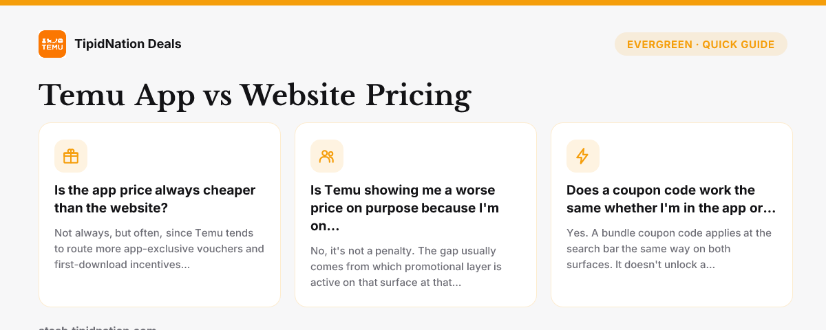 Temu App vs Website Pricing — quick-answer infographic
